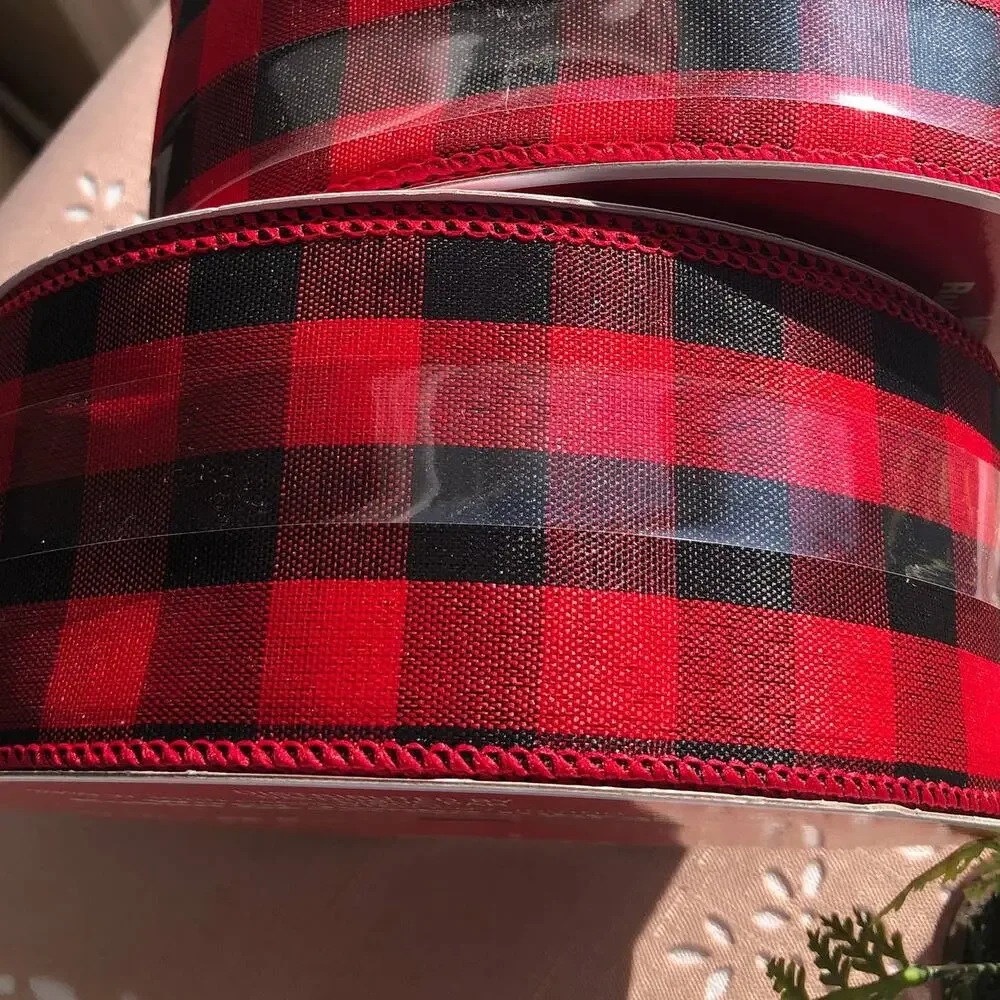 NWT 1 Celebrate It Checkered Wired Red Jumbo Ribbon Red/Black 80 Feet